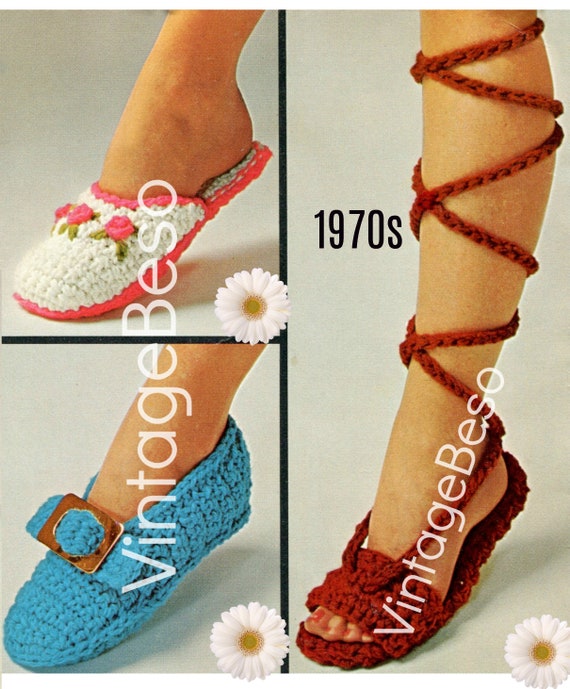 3 Vintage Crochet Pattern 1970s Rosebud Scuffs Buckle Pilgrim Slipper Ancient Greek Sandals House Thong Sandals • Watermarked PDF Only