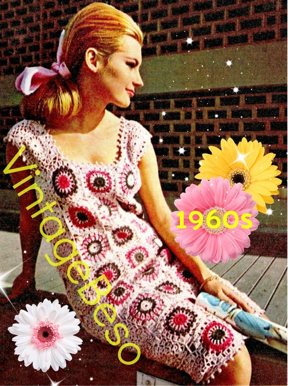 Ladies Dress Crochet Pattern • Vintage 1960s Pink Motif Dress • Granny Square Dress • Sleeveless Summer Dress • Watermarked PDF Only