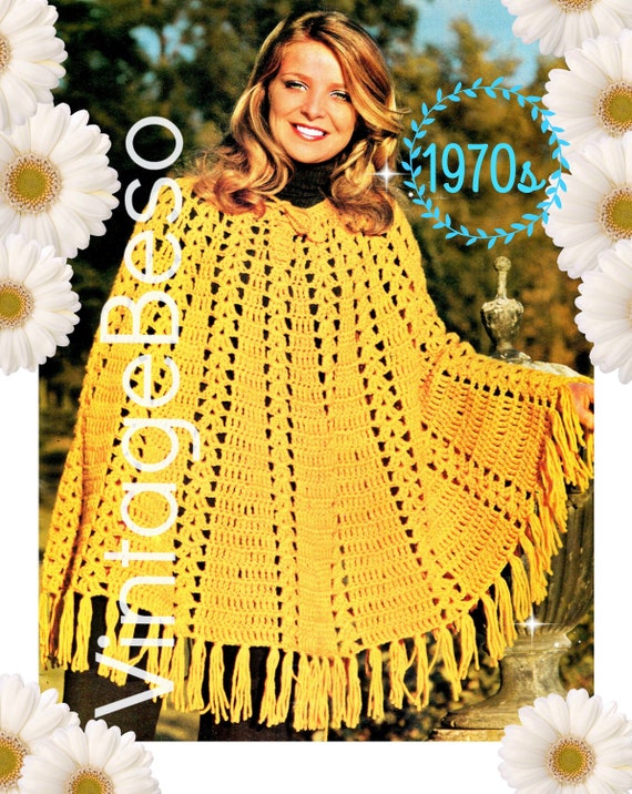 Cape Crochet Patterns • Vintage 1970s Crochet Poncho • UK Crochet Pattern • Boho Poncho with Fringe • Watermarked PDF Only