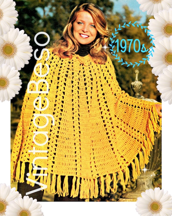 Cape Crochet Patterns • Vintage 1970s Crochet Poncho • UK Crochet Pattern • Boho Poncho with Fringe • Watermarked PDF Only