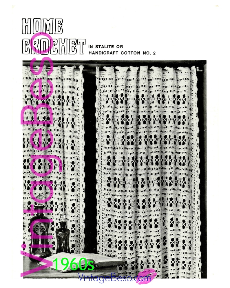 Privacy CURTAINs Vintage Crochet PATTERN and FREE PAttERN Bird 1960s Home Crochet Pattern Bohemian Decor Watermarked PDF Only image 1