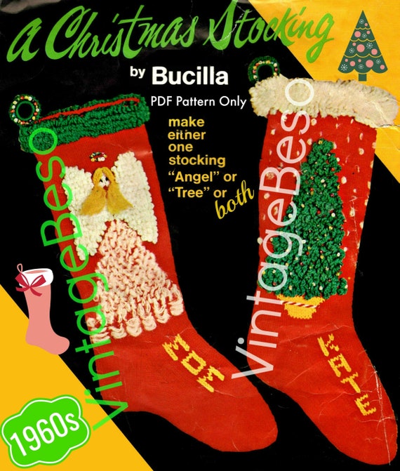 Both Angel &Tree Stocking Knitting Pattern • 1960s Vintage Knit Pattern • Watermarked PDF Only • STOCKING Pattern • Retro Christmas Knitting