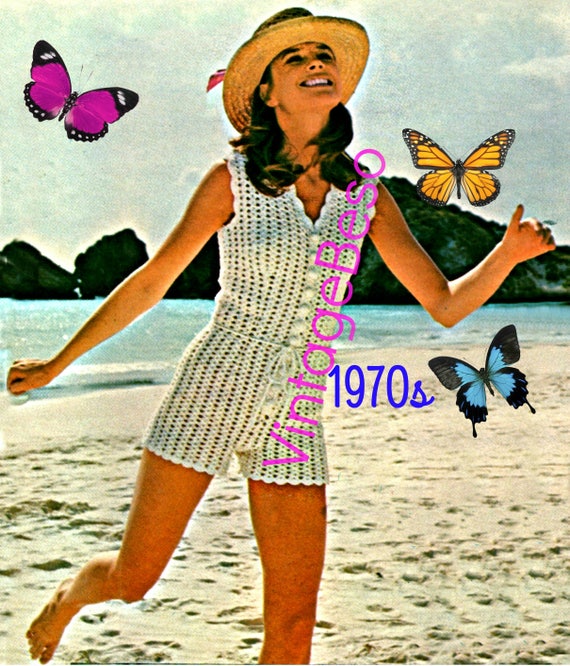 Romper Crochet Pattern • Vintage 1970s Beach Romper Shorts Hot Pants Ladies Summer Wear Bohemian Summer Playsuit • Watermarked PDF Only