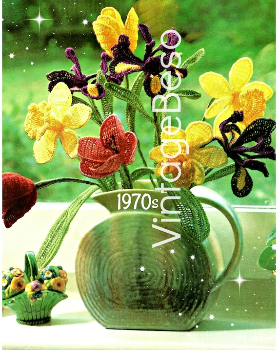 Flower Crochet Pattern Vintage 70s Bouquet Vase of Flowers Wired Corsage Tulip Daffodil Iris Petals Leaves • Watermarked PDF Only