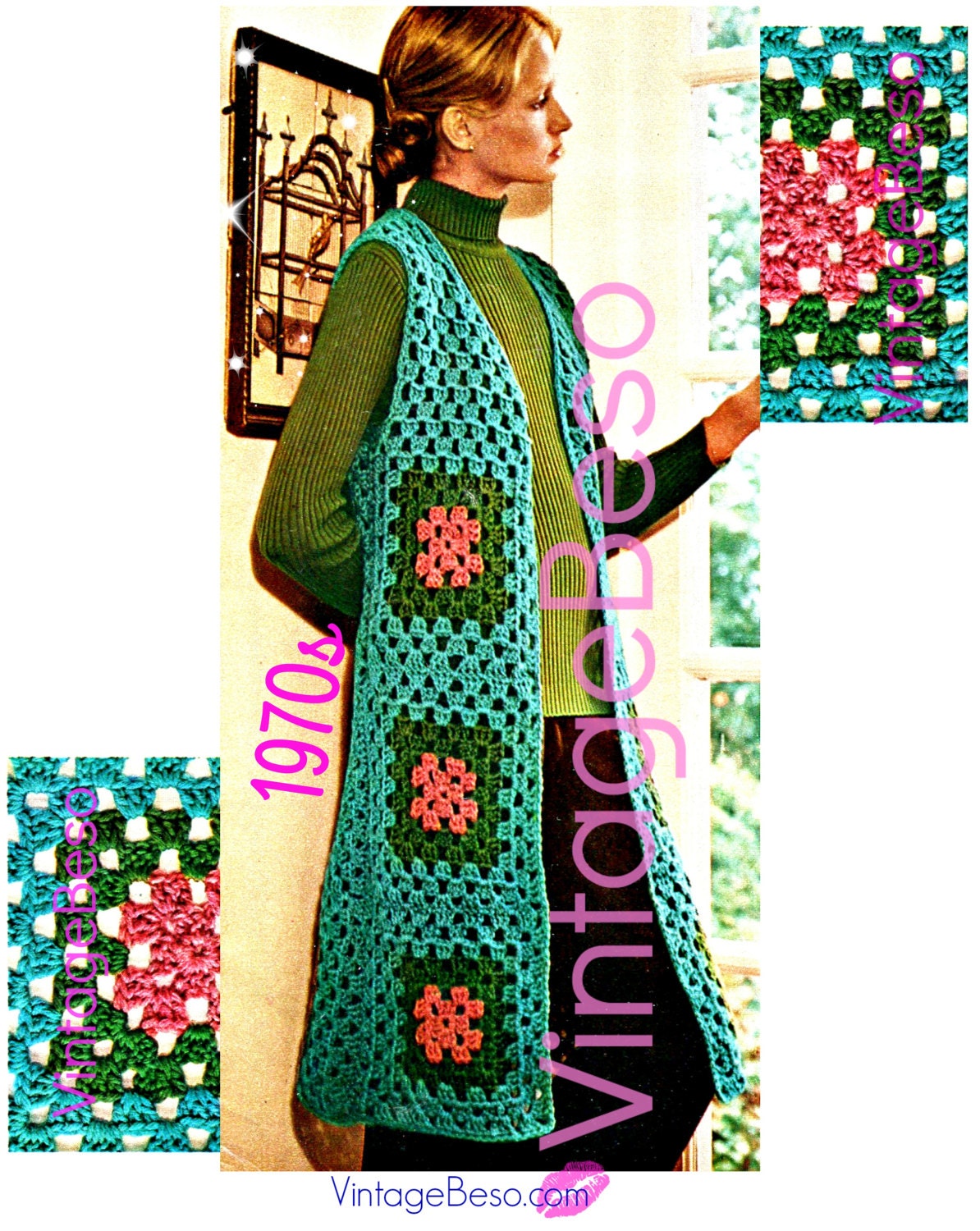 LONG VEST Crochet Pattern • Vintage 1970s • Granny Square Vest • Lightweight • Boho Clothing • Hippie Jacket • Instant Download • PDF Only