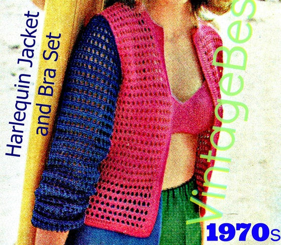 Bra & Jacket Crochet Pattern Crochet PATTERNs Vintage 70s Harlequin Jacket Crochet Pattern Bikini TOP Jacket • Watermarked PDF Only