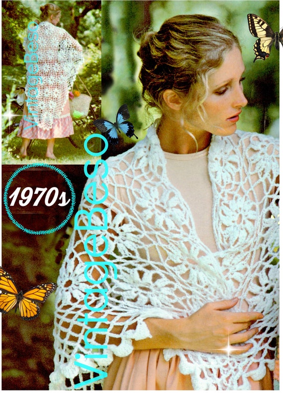 Flower Shawl Crochet Pattern • Lovely Long Light Lacy Blossom • Shawl Crochet Pattern • 1970s Vintage Wrap • Watermarked PDF Only