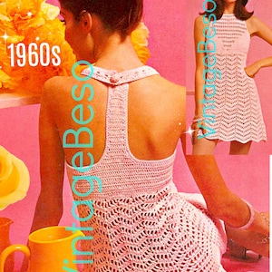 May include: A vintage-style image featuring a light pink crochet dress with a halter neckline and a chevron pattern. The image includes the text "1960s" and "VintageBeso" in a retro font, set against a pink background with floral accents.