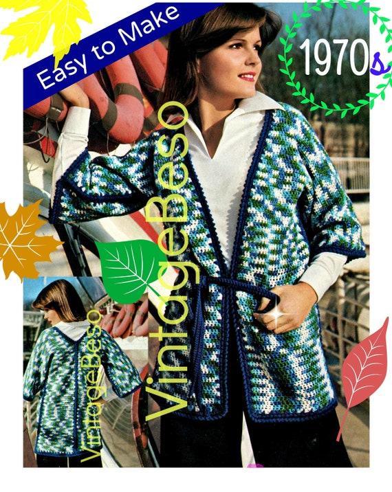 Jacket Crochet Pattern • 1970s Kimono Crochet Pattern • Easy to Make • Watermarked PDF Only