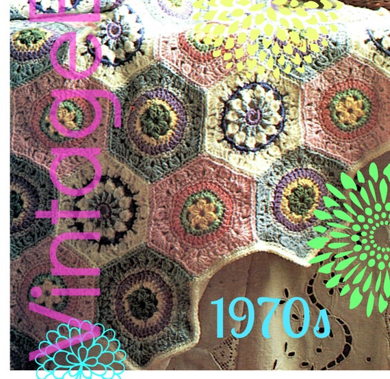 EASY Afghan Crochet Pattern • 1970s Granny Square Hexagon Motif Throw Flower Boho Blanket • Vintage • Boho • Watermarked PDF Only