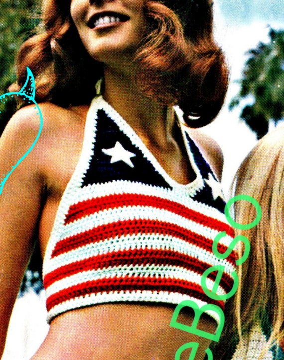 3 Patterns • Halter Top Crochet Pattern Vintage 70s Knitted Shorts Pattern American Flag Pattern 4th of July • Watermarked PDF Only