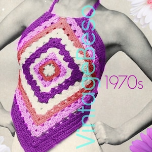EASY Top Crochet Pattern • 1970s Halter Top Crochet Pattern Granny Square Quick Top Beach Party Summer Wear • Watermarked PDF Only