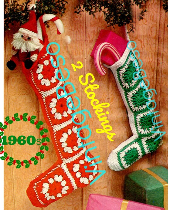 2 Patterns • Christmas Crochet • Vintage 1960s "Granny-Like" Square Stocking Pattern • Bucilla STOCKING 20" + 17" • Watermarked PDF Only