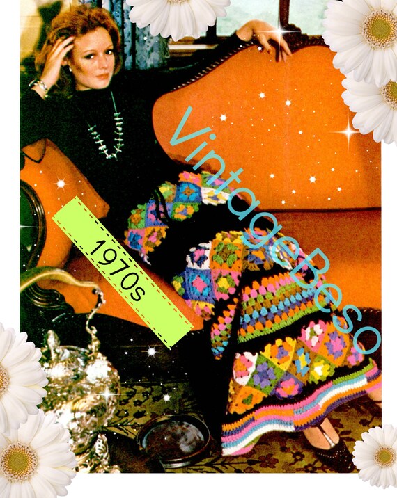 Skirt Crochet Pattern • Vintage 1970s Crochet Pattern • Gorgeous Colored Skirt • clusters, granny squares, triangles • Watermarked PDF Only