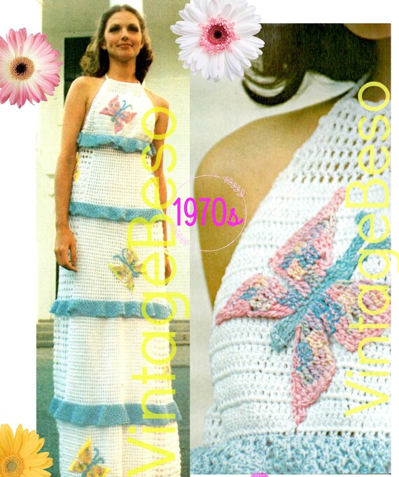 Butterfly Halter Maxi Dress CROCHET Pattern • Vintage 70s Fun Summery • Ruffled Halter Dress • Long or Short Dress • Watermarked PDF Only