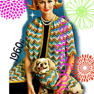 Ladies Coat CROCHET Pattern • Matching Set • Ripple Coat Crochet Pattern • Dog Sweater Hat Cap (free) • Vintage 1960s • Watermarked PDF Only