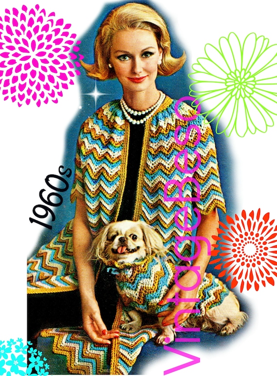 Ladies Coat CROCHET Pattern • Matching Set • Ripple Coat Crochet Pattern • Dog Sweater Hat Cap (free) • Vintage 1960s • Watermarked PDF Only