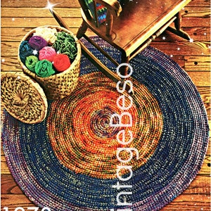 May include: A colourful crocheted rug with a circular design in shades of blue, orange, and purple. The rug is on a wooden floor and there is a rocking chair with a crocheted cushion in the background. The text "1970s" is in the bottom left corner of the image.
