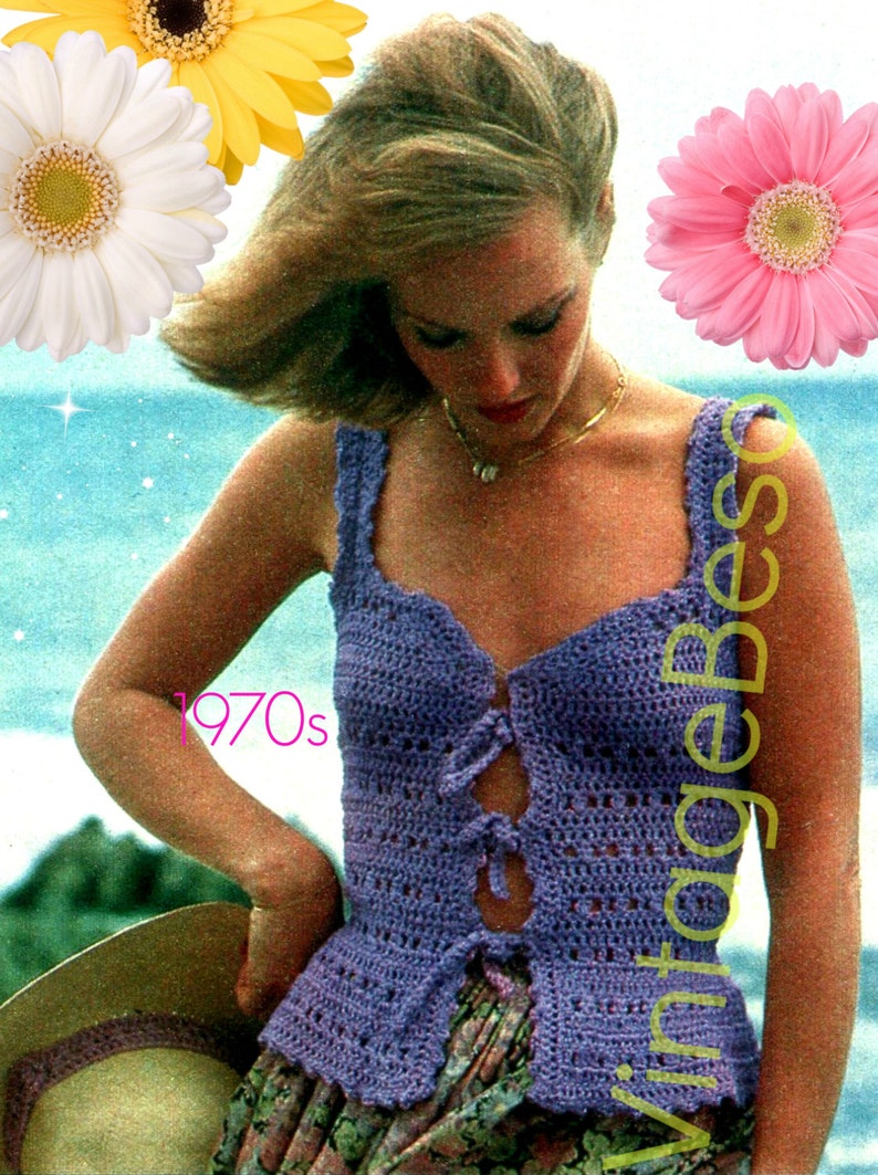 Top Crochet Pattern 1970s Vest Crochet Pattern Boho Clothing Tiny Little Summer Vest Top Pattern Lilac Lace Watermarked PDF Only image 1