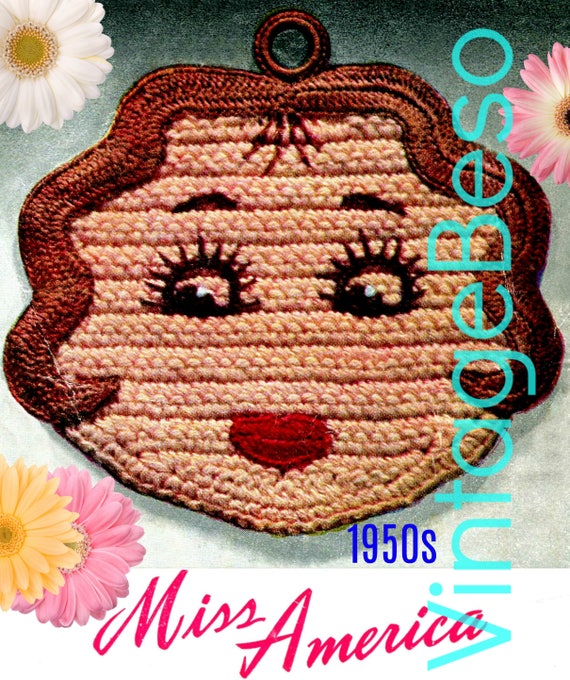 1950s Miss America Potholder CROCHET Pattern • Vintage • Super Cute Bridal Shower Birthday Wedding Valentine's Day • Watermarked PDF Only