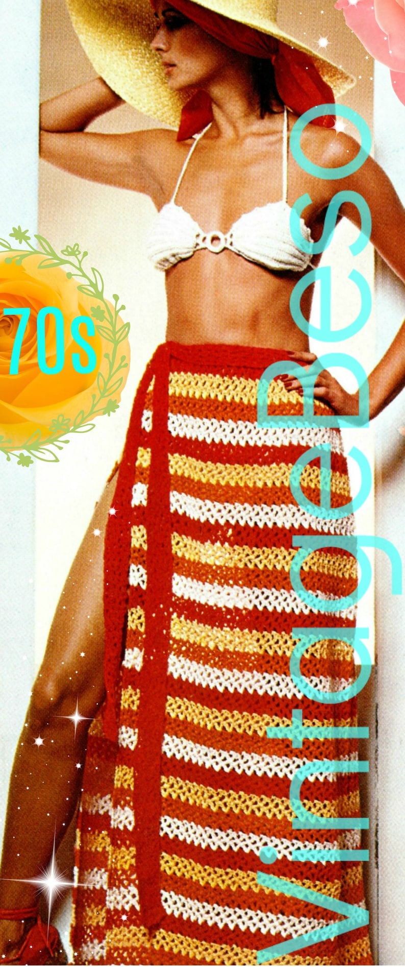 Sarong Skirt Crochet Pattern VintageBeso 1970s Ladies Swimsuit with Sarong Skirt Pattern Retro Bikini Watermarked PDF Pattern image 1