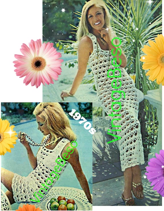 Sexy Dress Crochet Pattern • Slim Mini Dress or Maxi Dress or Beach Bikini Coverup • Vintage 1970s Ladies Dress • Watermarked PDF Only