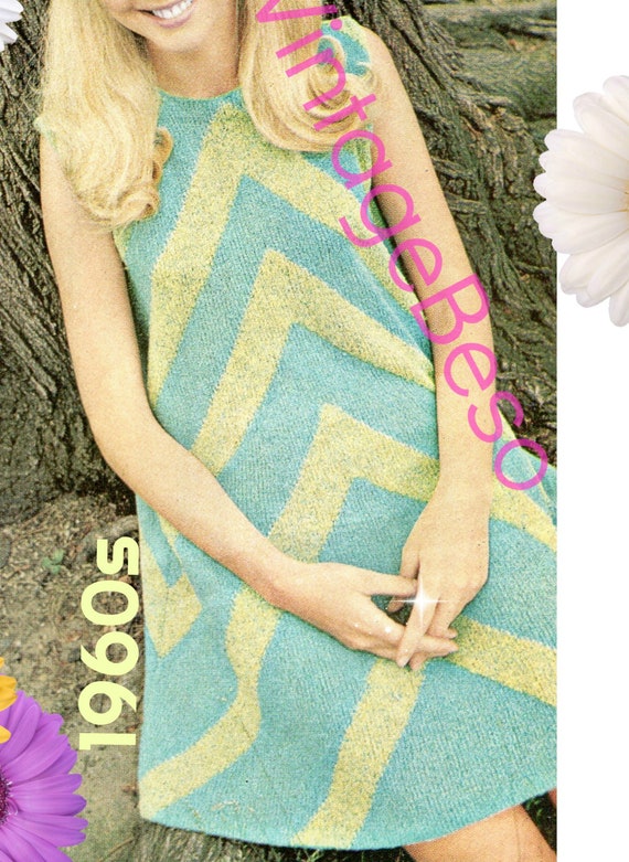 Dress Knitting Pattern • Trapeze Dress • Vintage 60s Gadabout Dress Mod • Figure Flattering Dress • Watermarked PDF Only