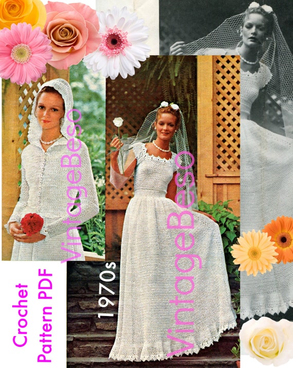 Wedding Dress Crochet Pattern 1970s Vintage Hooded Jacket Crochet Pattern DIY Retro Wedding Gown Crochet Pattern • Watermarked PDF Only