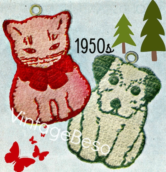 2 Potholder Crochet Patterns: Cat Crochet PATTERN • Dog CROCHET Pattern • 1950s • Vintage Potholder Crochet Pattern • Watermarked PDF Only