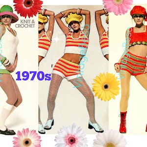 Peut inclure: Collage de mode vintage des années 1970 avec des vêtements en tricot et crochet. L'image présente trois femmes portant des shorts, des hauts, des chapeaux et des bottes aux couleurs vives comme le rouge, l'orange et le vert. Esthétique rétro avec des fleurs.