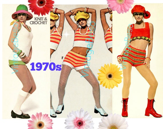 10 Knitting and Crochet PATTERNs • 1970s Sexy Crop Tops and Hot Pants • USA Pattern • Sexy Crochet in Big Print • Watermarked PDF Only