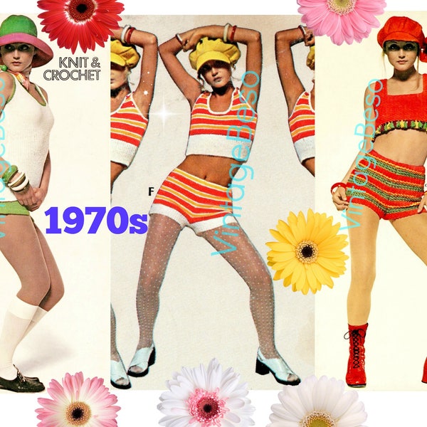 10 Knitting and Crochet PATTERNs • 1970s Sexy Crop Tops and Hot Pants • USA Pattern • Sexy Crochet in Big Print • Watermarked PDF Only