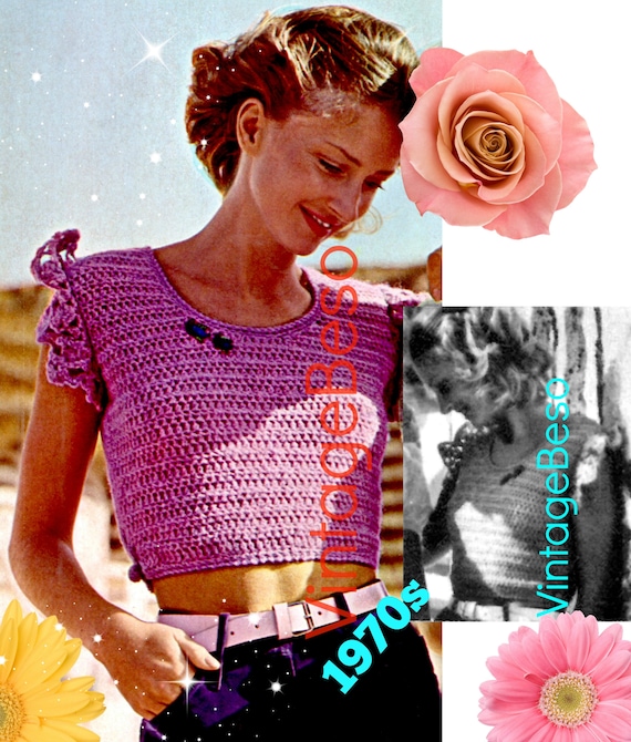 Crop Top Crochet Pattern • Short Pullover Top • Vintage 1970s Summer Top • Bust Sizes 34 36 • Watermarked PDF Pattern