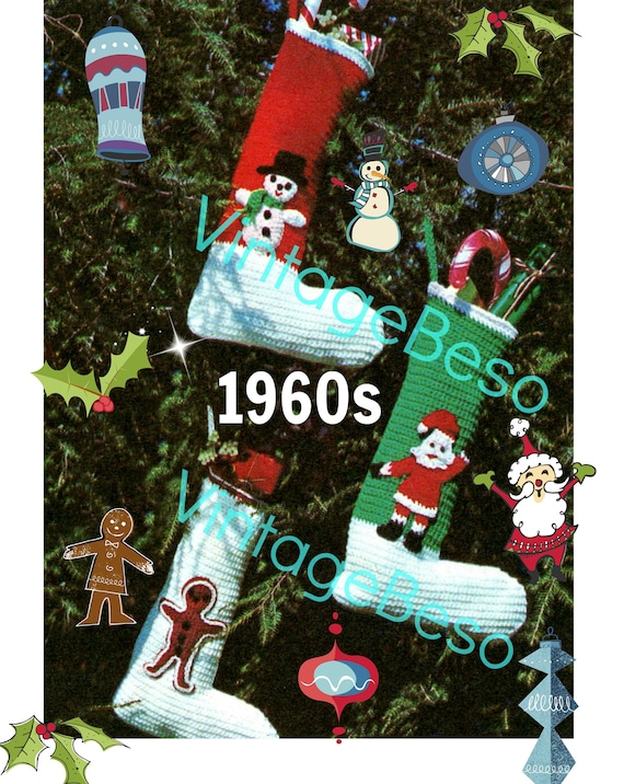 EASY Christmas Stocking CROCHET Pattern • Trio Set 60s • Santa + Gingerbread Man + Snowman Frosty • Watermarked PDF Only