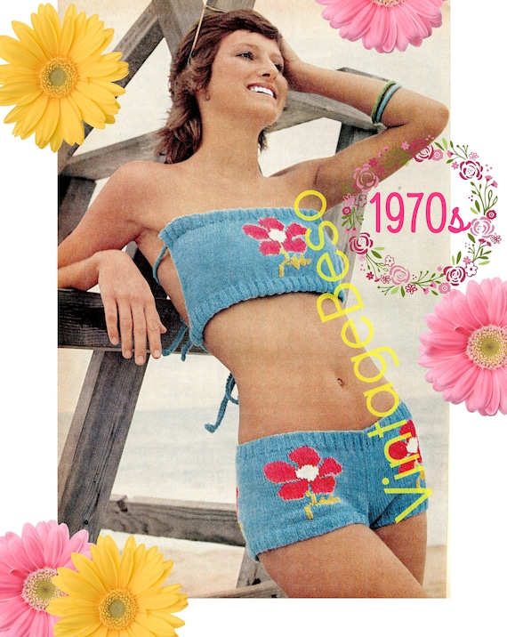 Bikini Knitting Pattern • Vintage Wide Band Flower Bikini • Knitted Swimsuit + Free 60s Classic Afghan Granny Squares • Watermarked PDF Only