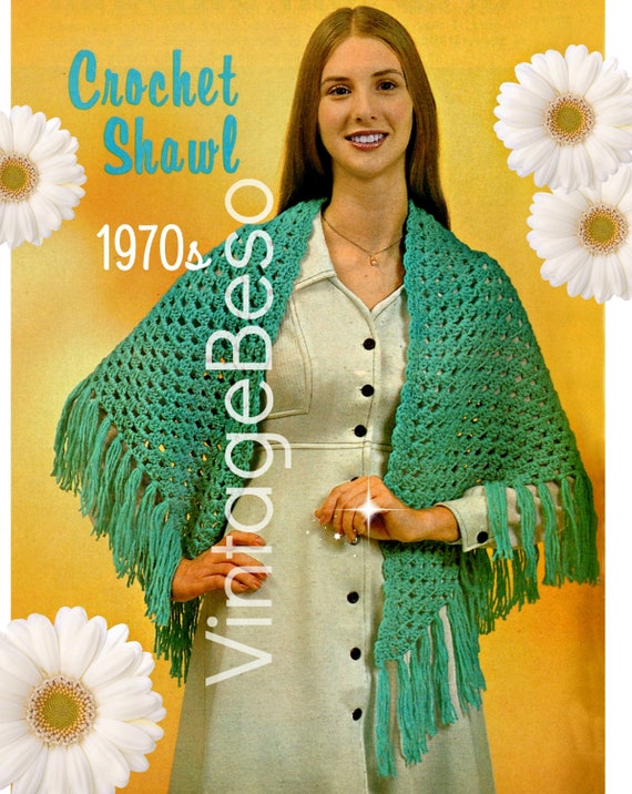 Easy Shawl CROCHET Pattern • Vintage 1970s Simple Shells Shawl • Retro Crochet Pattern • Watermarked PDF Only