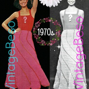 May include: A vintage crochet skirt pattern from the 1970s. The pattern features a long, flowing skirt with a unique design. The skirt is shown in two colors: pink and white.
