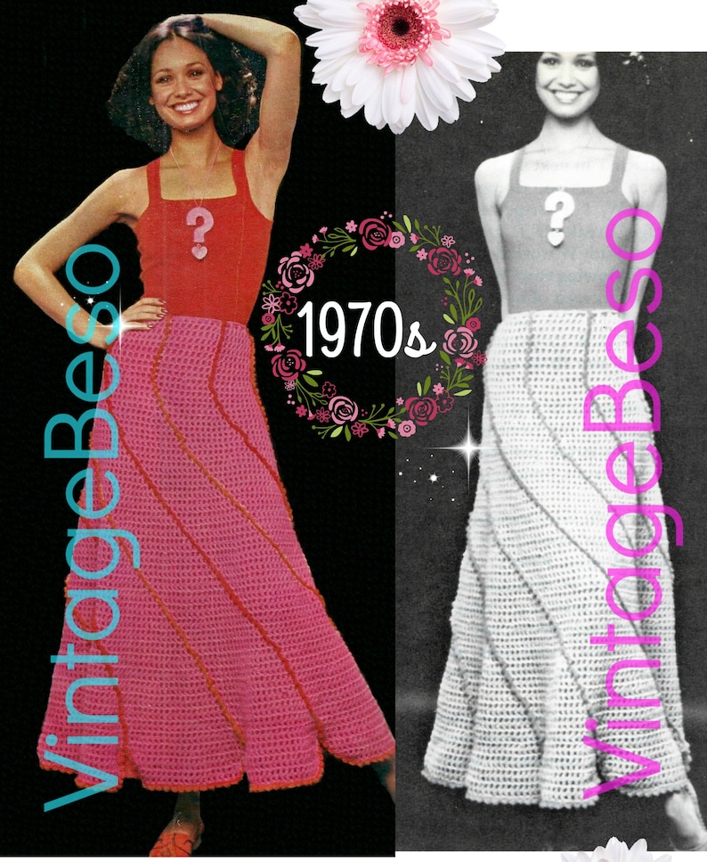 May include: A vintage crochet skirt pattern from the 1970s. The pattern features a long, flowing skirt with a unique design. The skirt is shown in two colors: pink and white.