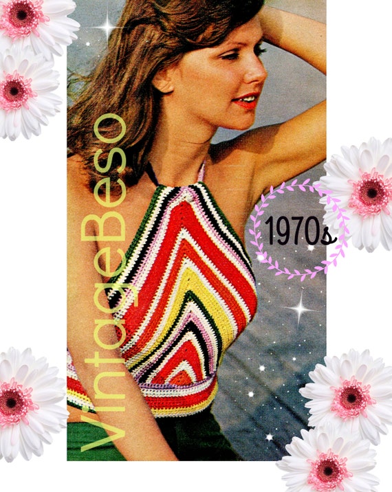 A FAST CROCHET Top Crochet Pattern • Vintage 1970s Rainbow Halter Crochet Pattern • Chevron Striped Boho Top • Watermarked PDF Only