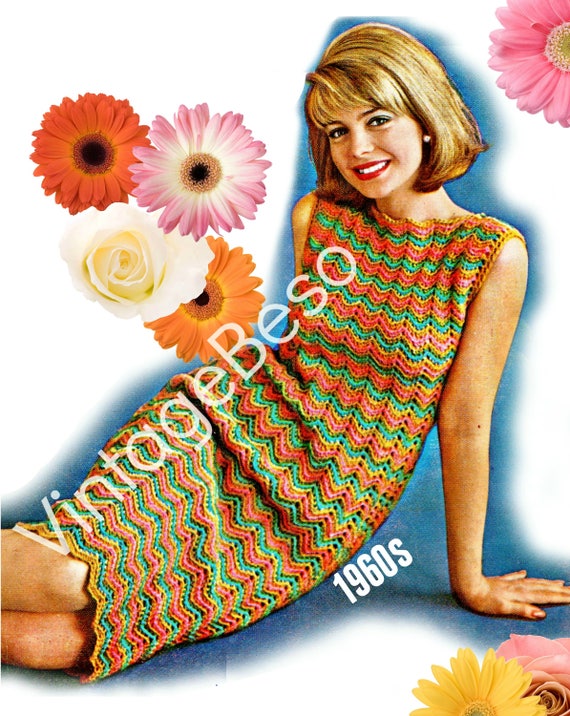 Dress Crochet Pattern • 1960s Vintage • Sleeveless • Summer Fun • Ripple • Zig Zag • Chevron • Retro • Boho • Vintage • Watermarked PDF Only