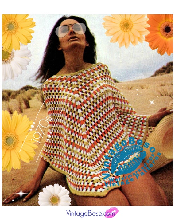 Poncho Crochet Pattern • Popover • 1970s Vintage Crochet Pattern • Summer Beach Cover Up • Crochet Pattern • Watermarked PDF Only