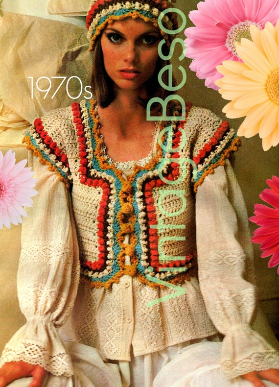 Bohemian Vest + Cap Crochet Pattern • 1970s Boho Hat Bohemian Cap • Vintage Nomadic Corslet Vest Pattern • Watermarked PDF Only