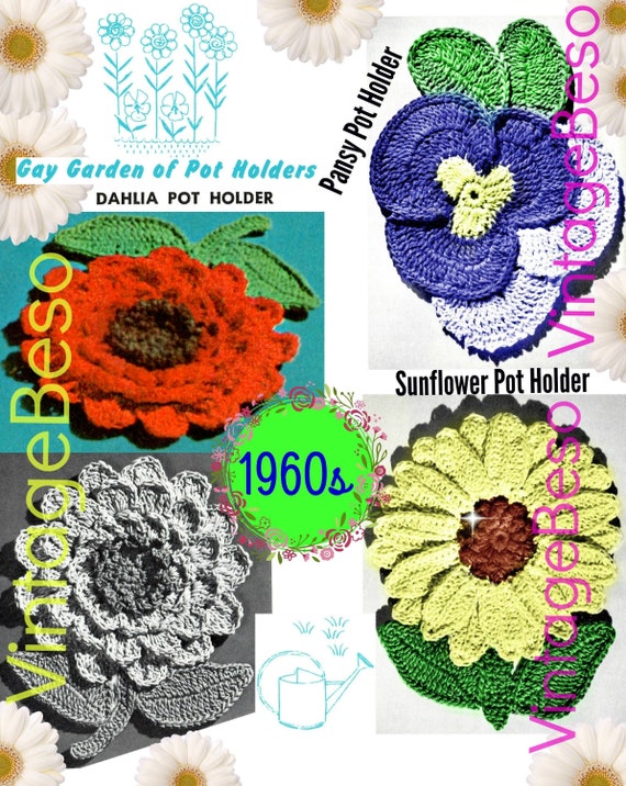 3 Flower Potholders Garden CROCHET Pattern • Vintage 1960s • Flower Potholders • Dahlia Sunflower Pansy Potholders • Watermarked PDF Only