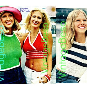 3 Knitting Patterns • Vintage 1970s Halter Top KNITTING Patterns for Summer Wear • Striped • Solid • Midriff • Watermarked PDF Only