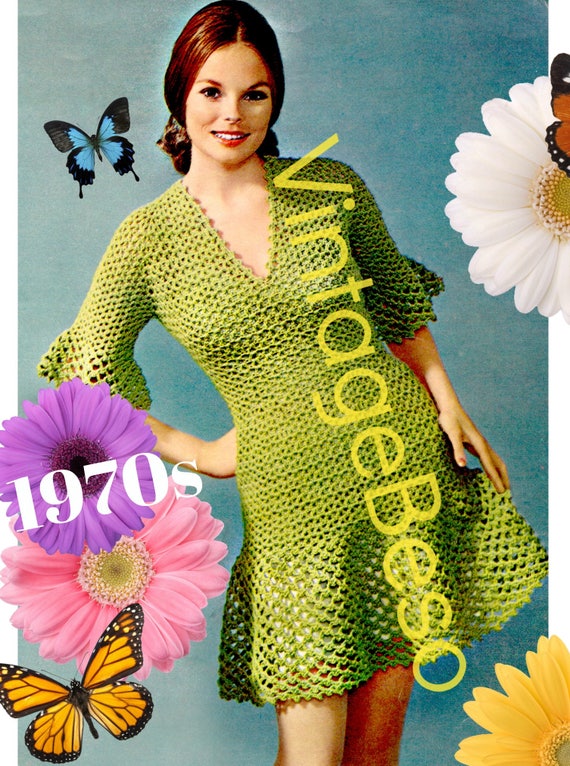 Sexy Dress Crochet Pattern • Ladylike Modern Ruffle Dress • Made with the Super Fun SHELL Stitch • Vintage 1970s • Watermarked PDF Only