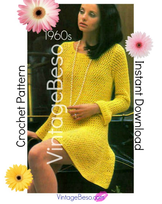 Dress Crochet PATTERN • 1960s Long Bell Sleeve Dress • Summer Wear • Party Dress • Mod Dress • VintageBeso • Watermarked PDF Only