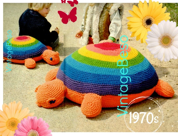 EASY Turtle Crochet Pattern • Floor Pillows •  2 Crochet Patterns • Vintage Turtle Floor Pillow for TV • Vintage 70s • Watermarked PDF Only