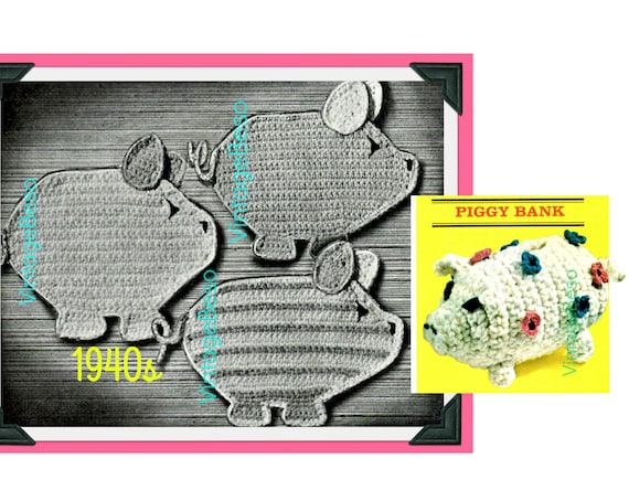 2 Pig Potholder Crochet Pattern Vintage 1940s Three Little Piggies Tailgate Party BBQ Quick • FREE Pattern • Watermarked PDF Only