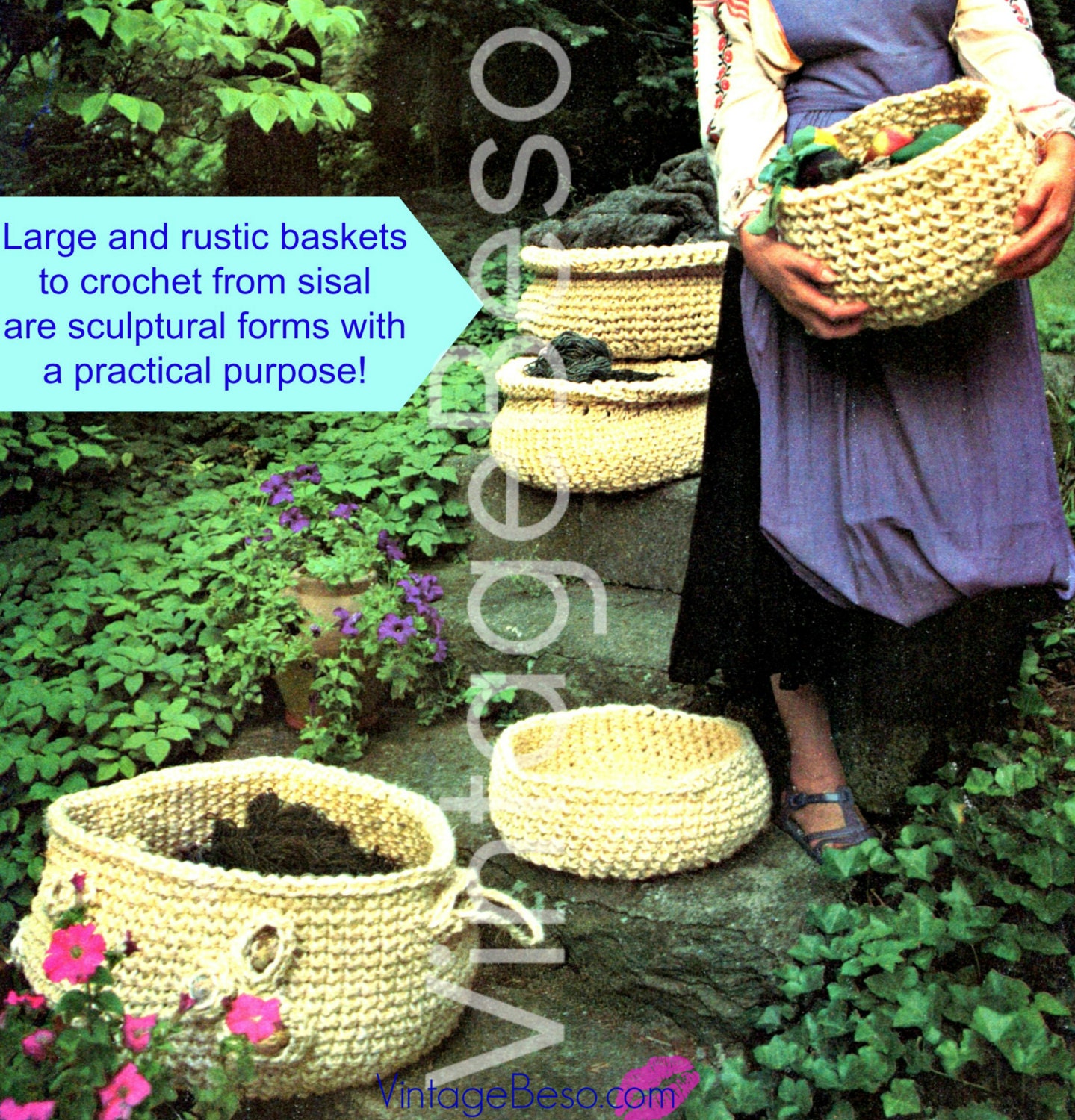 3 BASKETS 1970s Vintage CROCHET Patterns Largest 24 Diameter 9 Deep