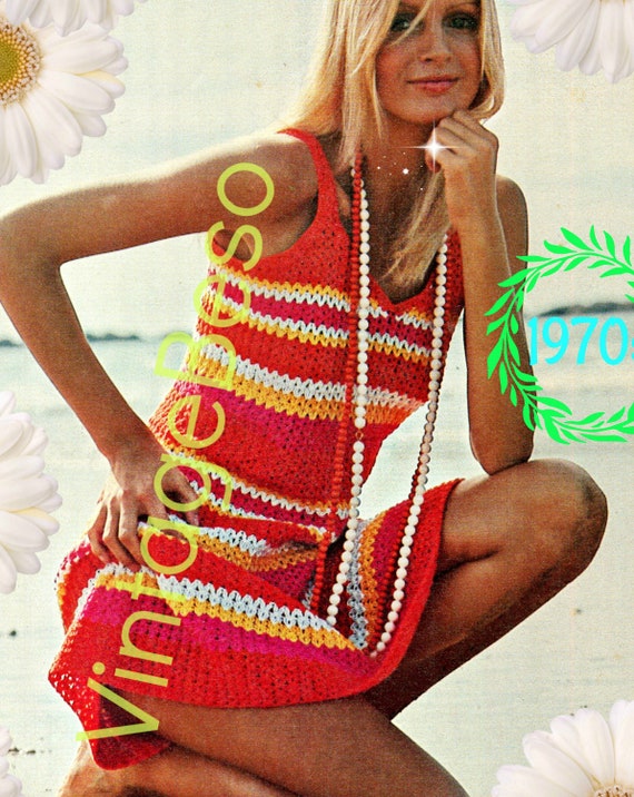 Dress Crochet Pattern • Sexy 1970s Striped Dress Pattern • Vintage Bikini • Zingy Dress Coverup • Sexy Fun Boho Chic • Watermarked PDF Only
